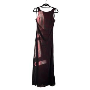 Vampy Sheer Black Floral Mesh Maxi Dress – Red SlipGothic Evening Gown Burgundy